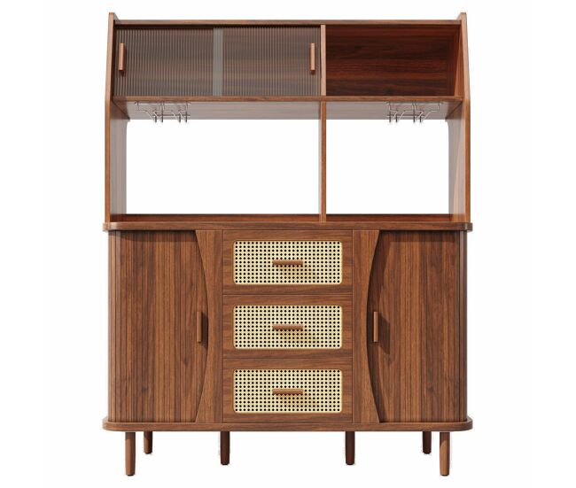 Aparador de cozinha com 174,5 cm - design em rattan com portas de correr em vidro, amplo espaço de arrumação, acabamento em madeira natural estilo nogueira, capacidade de carga de 60 kg - nogueira