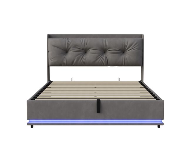 Cama estofada de casal em veludo gris, 140x190 cm, com base hidráulica, espaço de armazenamento com portas usb e tipo-c, iluminação led rgb com controle remoto e estrado de ripas.