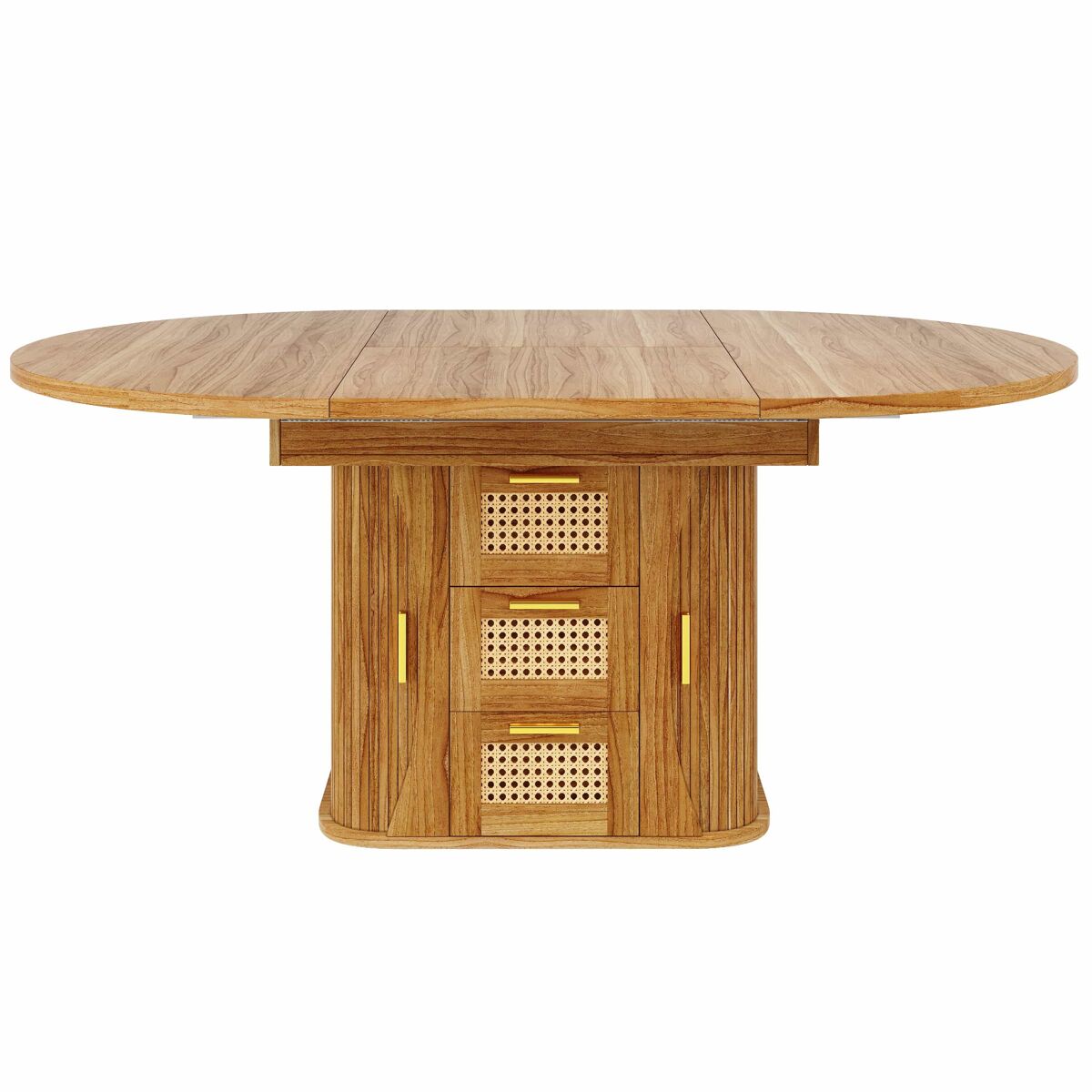 Mesa de jantar extensível 118–158 cm - arrumação integrada e gavetas em rattan, acabamento em mdf com efeito de madeira - carvalho