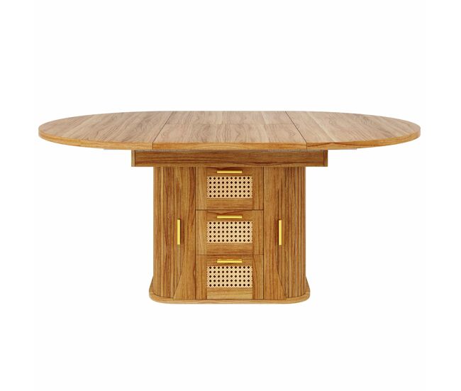 Mesa de jantar extensível 118–158 cm - arrumação integrada e gavetas em rattan, acabamento em mdf com efeito de madeira - carvalho