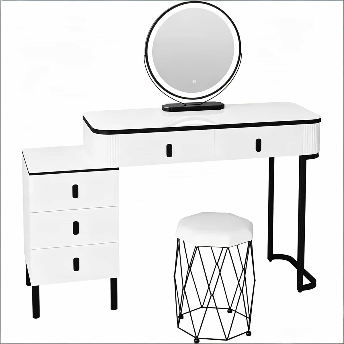Penteadeira com banco de maquilhagem 40x100x125 cm — elegante, com gaveta e secretária multifunções — preta e branca