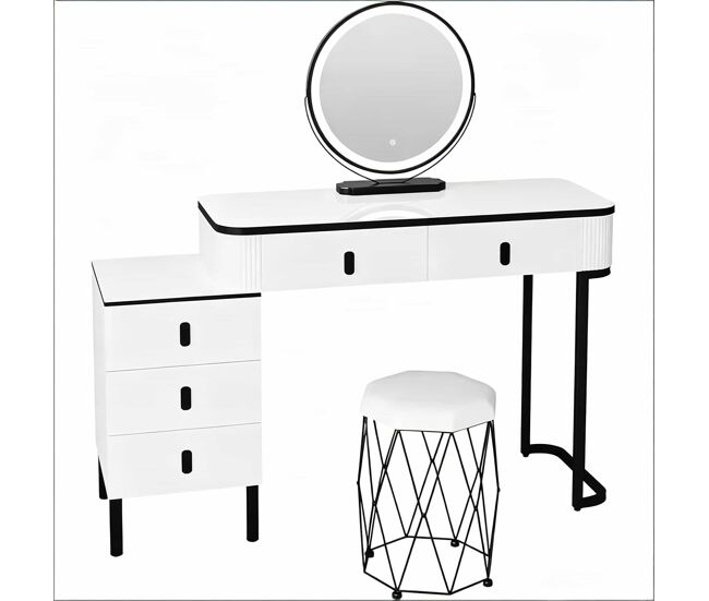 Penteadeira com banco de maquilhagem 40x100x125 cm — elegante, com gaveta e secretária multifunções — preta e branca