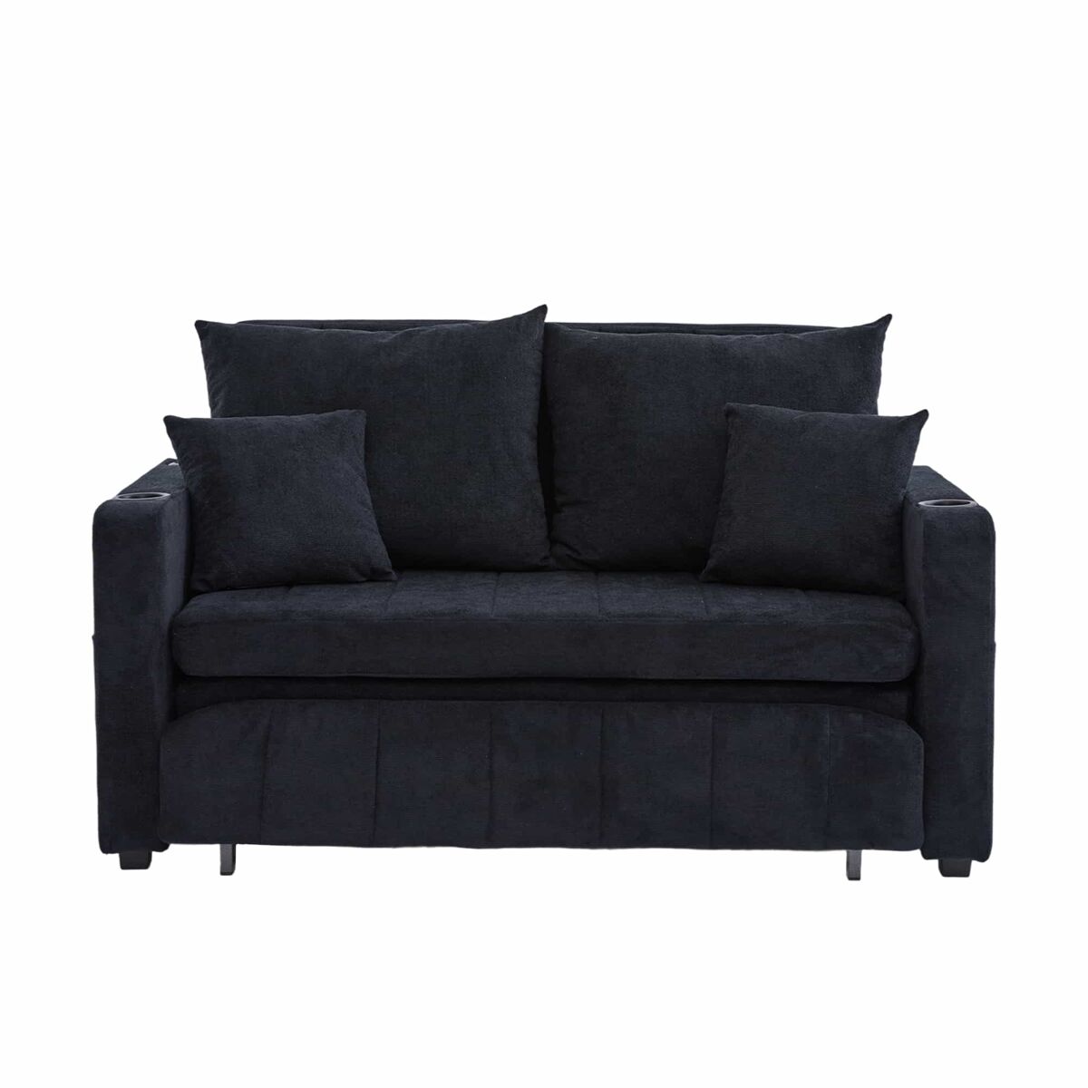 Sofá-cama multifuncional de 2 lugares – sofá extensível, cama dobrável, bolsos de arrumação nos braços, porta-carregador usb e porta-copos – noir