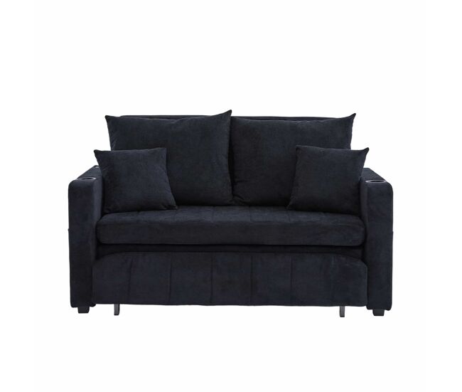 Sofá-cama multifuncional de 2 lugares – sofá extensível, cama dobrável, bolsos de arrumação nos braços, porta-carregador usb e porta-copos – noir