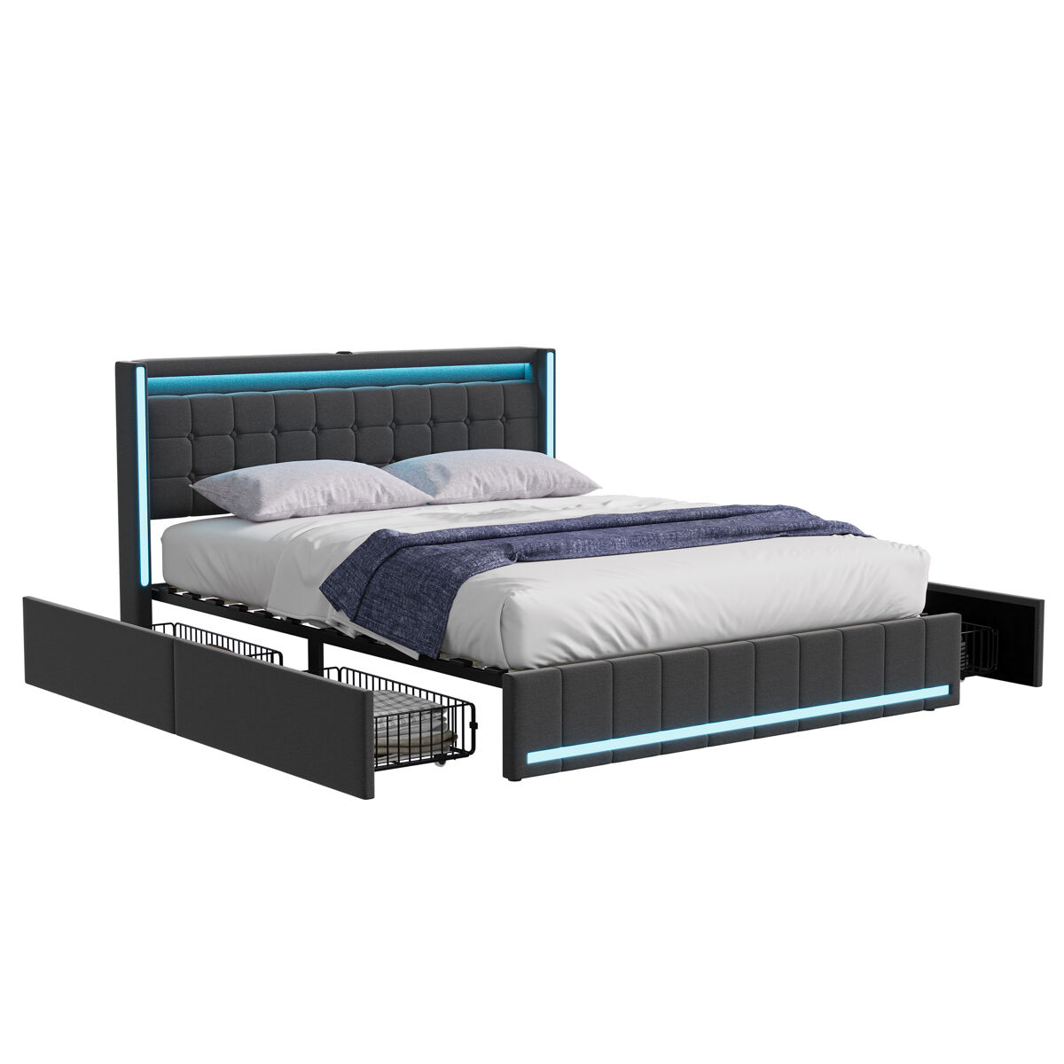 Cama 140x200 cm, usb, tipo c, led, 4 gavetas, cama de casal, cama com função de carregamento, estrutura de cama, cinza