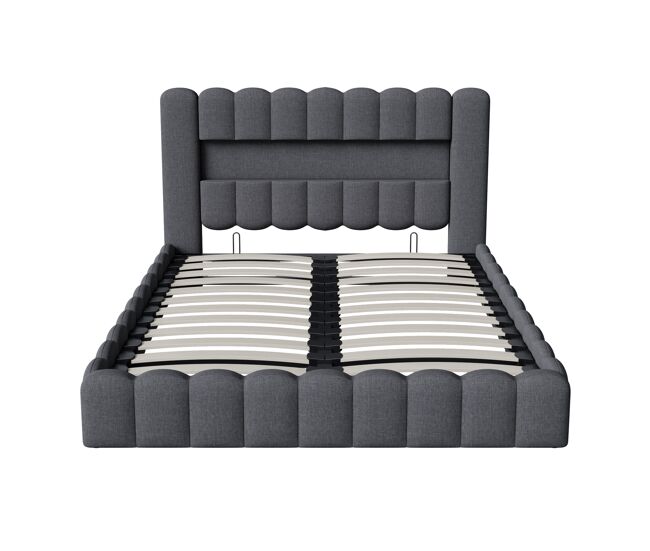 Cama estofada 160x200 cm, cama com estrado hidráulico, cama com estrado de ripas, candeeiro de leitura com porta de carregamento usb e iluminação led,