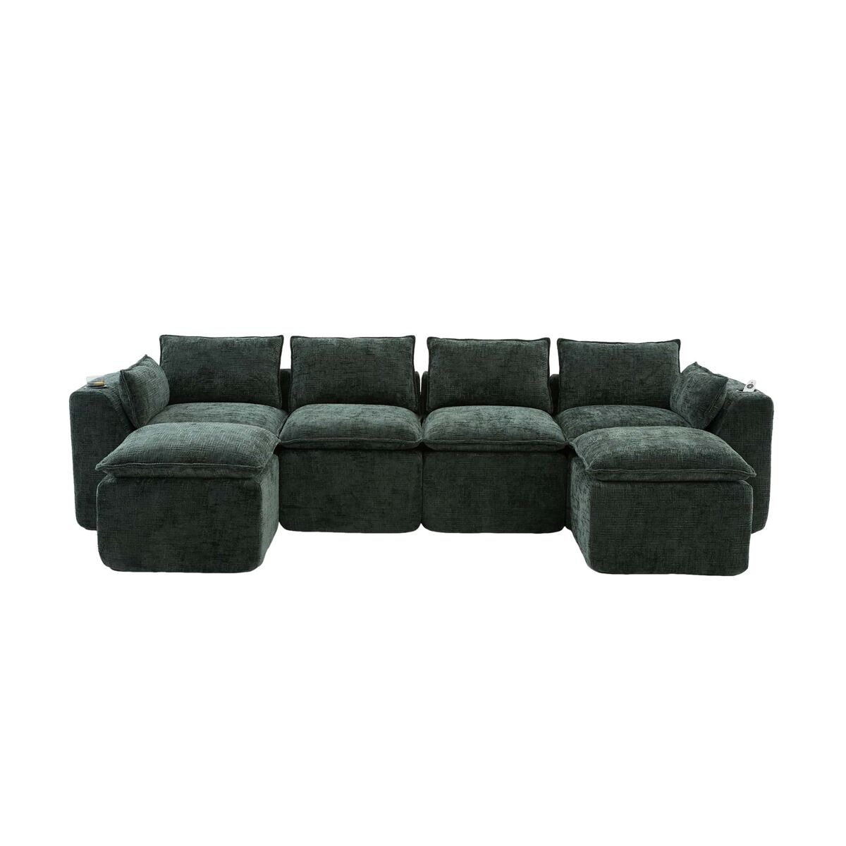 Sofá modular de 4 lugares - 2 pufes, porta-copos, espuma/molas - verde escuro chenilla
