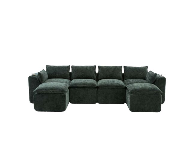 Sofá modular de 4 lugares - 2 pufes, porta-copos, espuma/molas - verde escuro chenilla