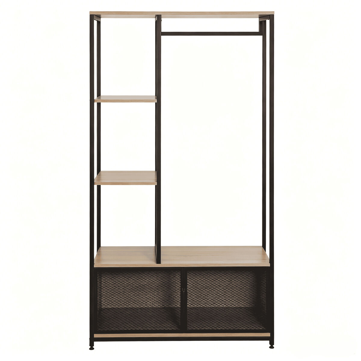 Cabideiro de pé - design aberto, organizador de roupa multifuncional para o quarto e a entrada - preto e carvalho claro