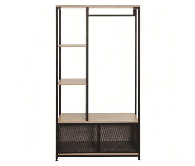 Cabideiro de pé - design aberto, organizador de roupa multifuncional para o quarto e a entrada - preto e carvalho claro