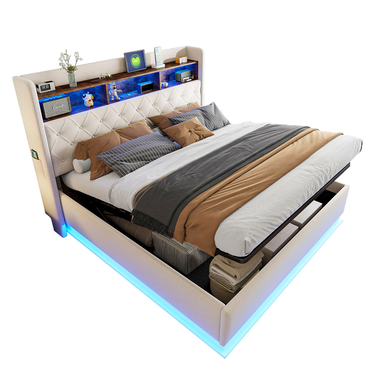 Cama de casal de linho 180x200 cm com armazenamento e luz led,bege