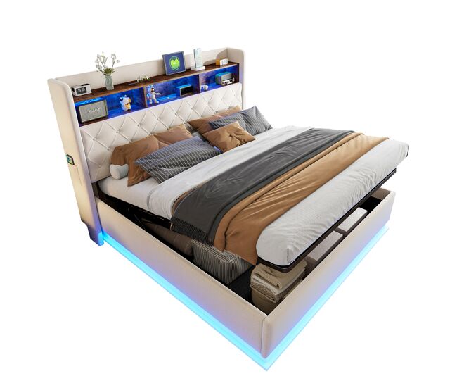Cama de casal de linho 180x200 cm com armazenamento e luz led,bege