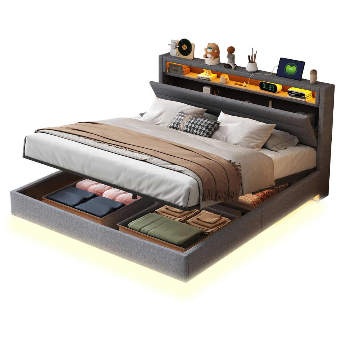 Cama de casal de linho 160x200 cm com armazenamento e luz led,cinza
