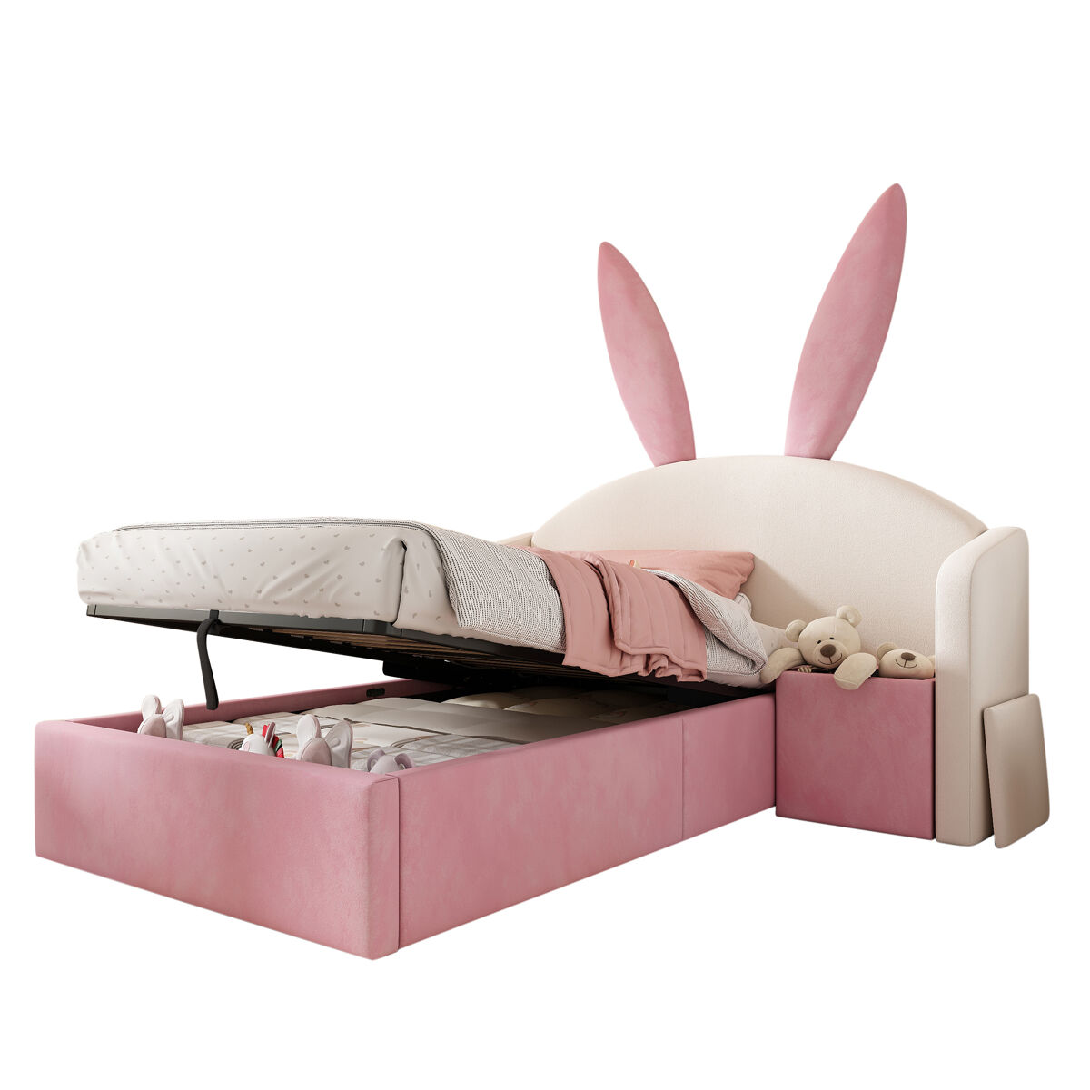 Cama de criança,cama de solteiro de veludo 90x190 cm com armazenamento,bege+rosa
