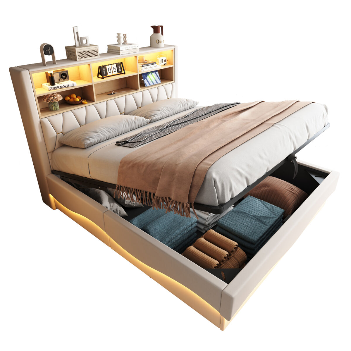Cama de casal de linho 180x200 cm com armazenamento e luz led,bege