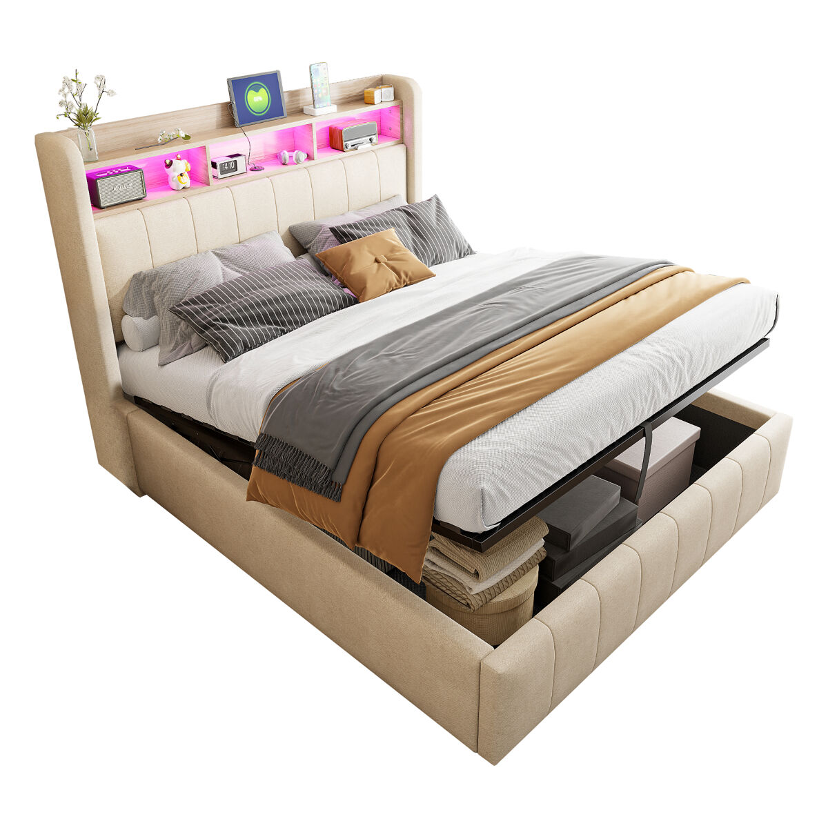 Cama de casal de linho 140x200 cm com armazenamento e luz led,bege