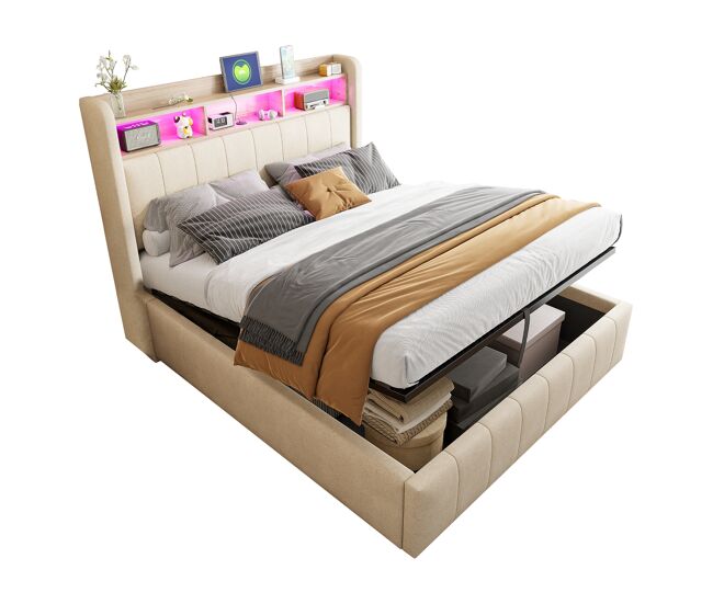 Cama de casal de linho 140x200 cm com armazenamento e luz led,bege