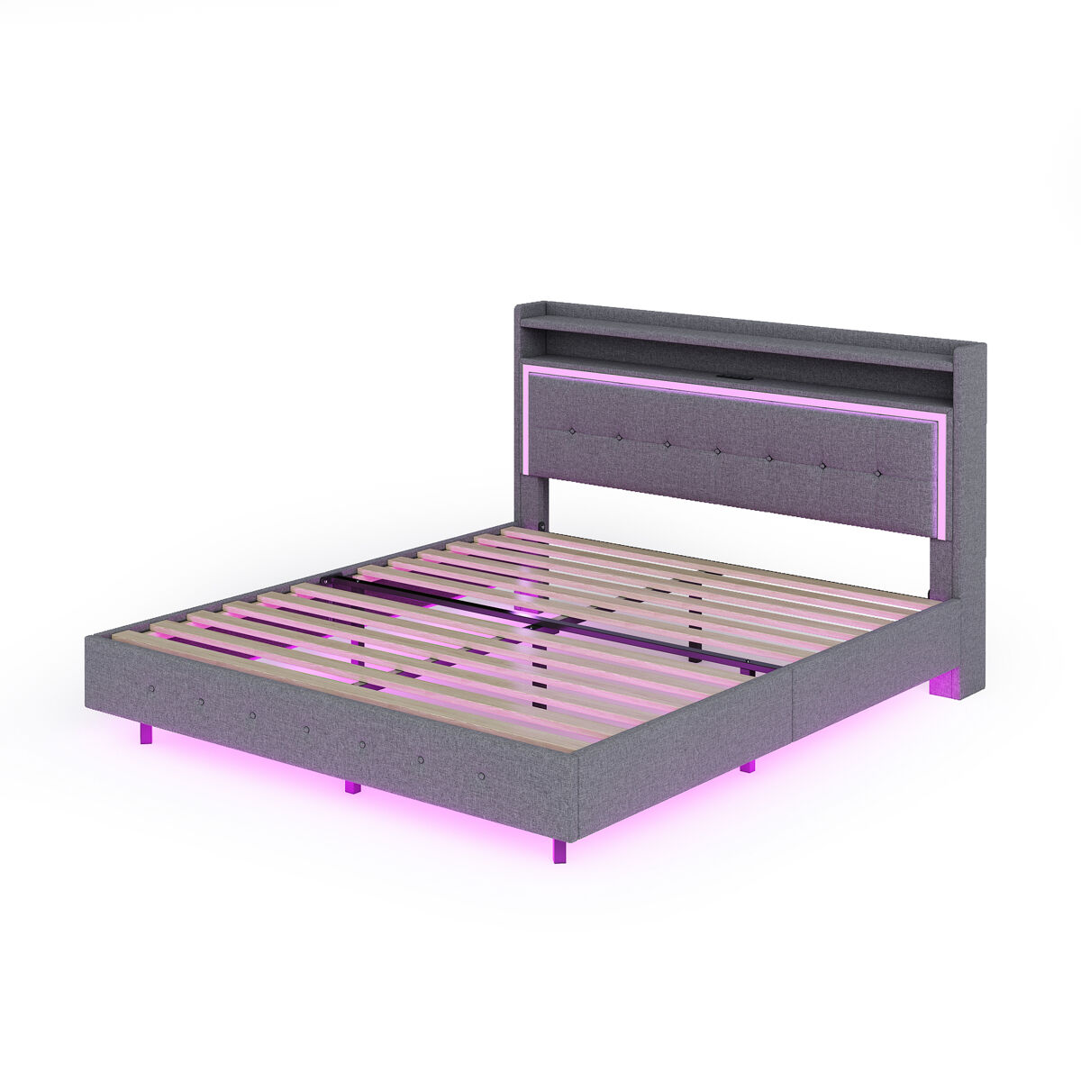 Cama de casal de linho 140x200 cm com luz led,cinza