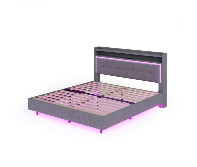 Cama de casal de linho 140x200 cm com luz led,cinza