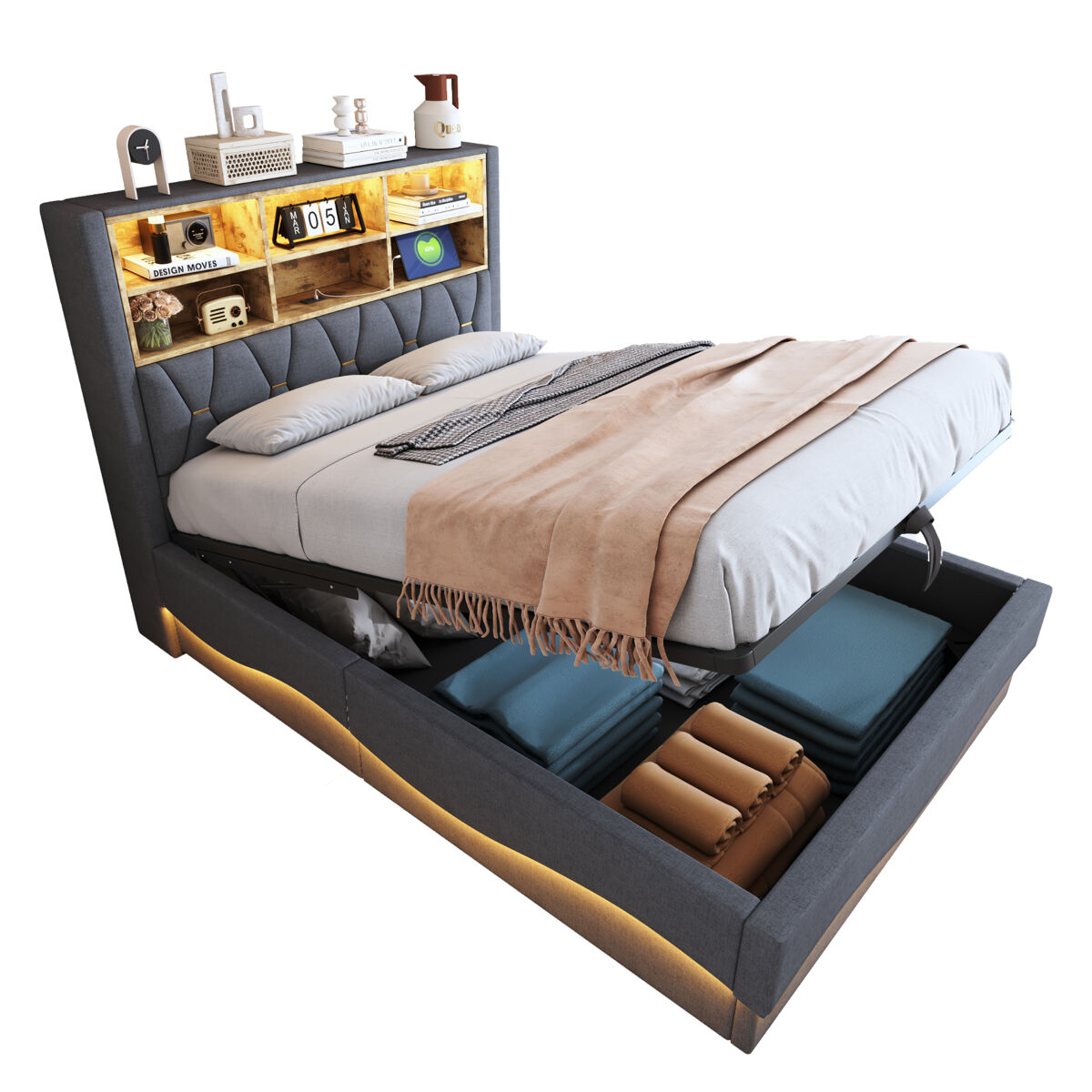 Cama de casal de linho 140x200 cm com armazenamento e luz led,cinza