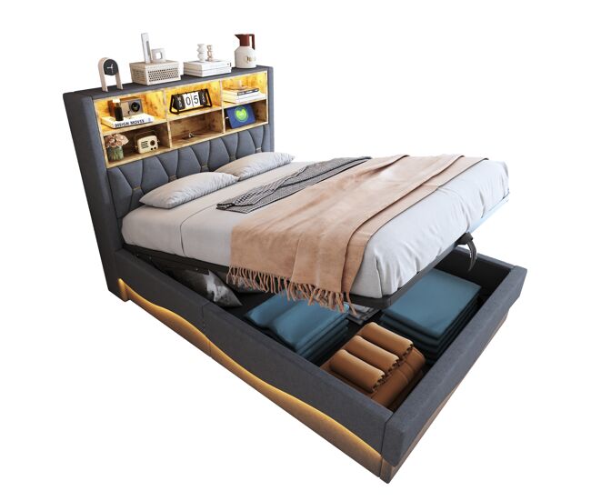 Cama de casal de linho 140x200 cm com armazenamento e luz led,cinza