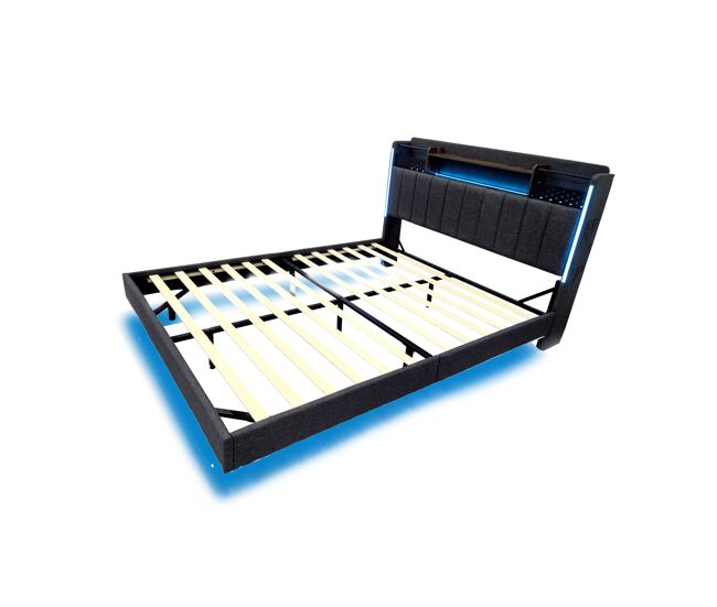 Cama de casal de linho 140x200 cm com luz led,cinza