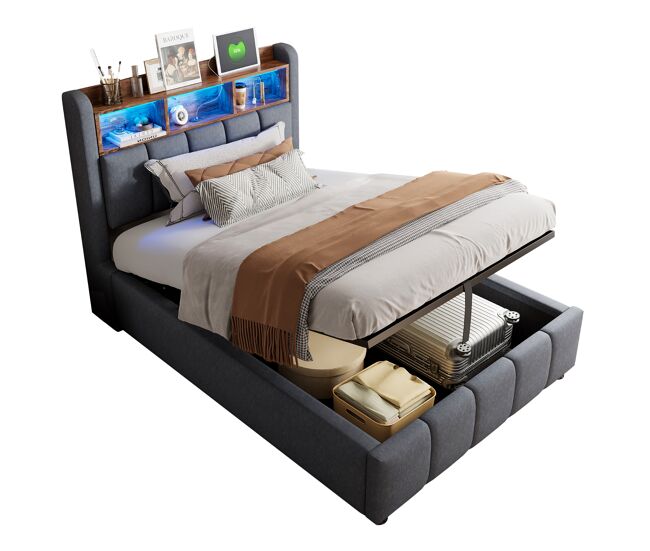 Cama de solteiro de linho 90x200 cm com armazenamento e luz led,cinza