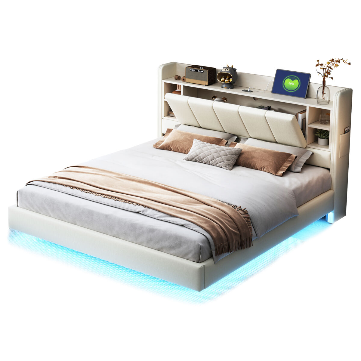 Cama de casal de linho 140x200 cm com luz led,bege