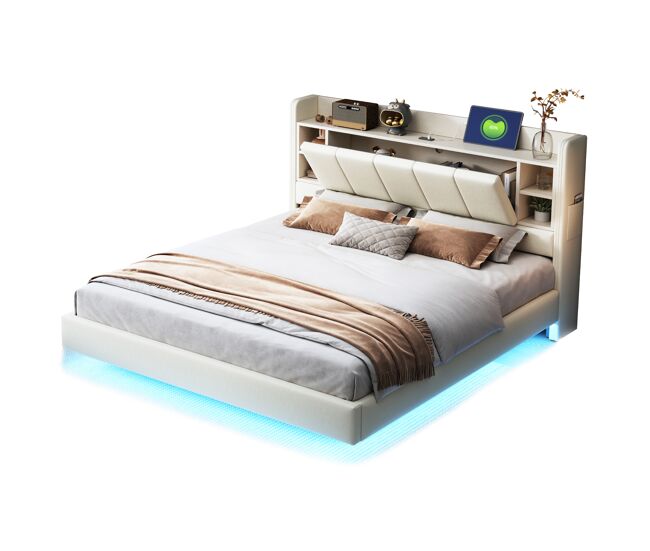Cama de casal de linho 140x200 cm com luz led,bege