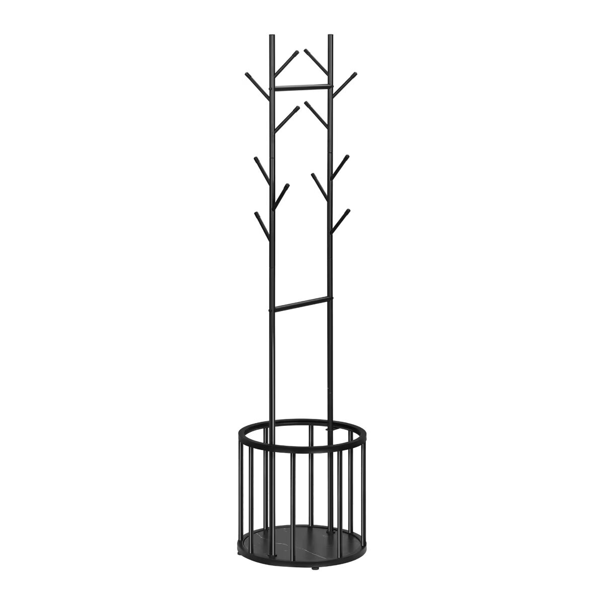 Cabideiro de pé 41x41x175 cm - design em forma de árvore com cesto de arrumação - preto