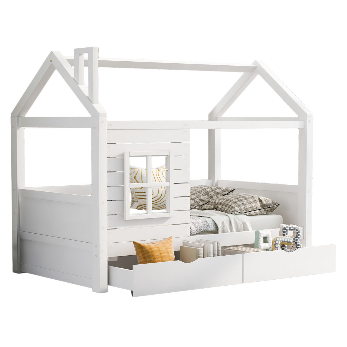 Cama de criança,cama-casa de madeira de pinho 90x200 cm,branco