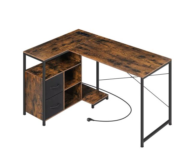 Secretária de escritório 120 x 80 cm - design reversível de canto com tomada integrada - castanho