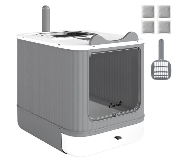 Pawhut caixa de areia coberta m para gatos médios, entrada frontal e saída superior, com pá e saquetas desodorizantes, fácil de limpar, branco
