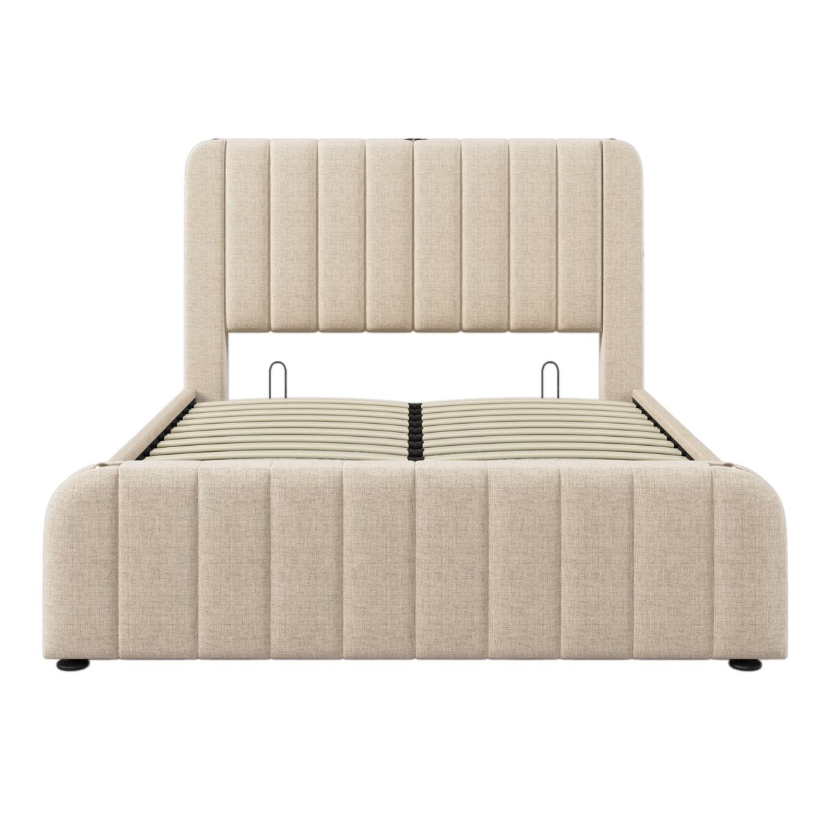 Cama de casal estofada 140 x 190 cm - cabeceira acolchoada com detalhes dourados, porta usb-c, arrumação com sistema hidráulico - bege