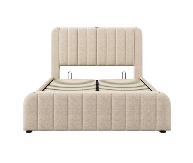 Cama de casal estofada 140 x 190 cm - cabeceira acolchoada com detalhes dourados, porta usb-c, arrumação com sistema hidráulico - bege