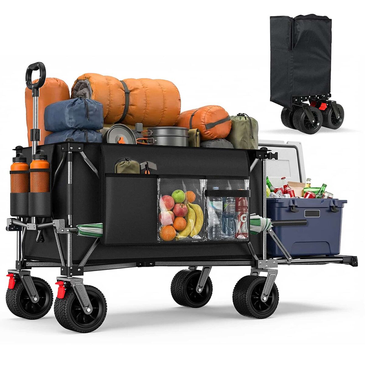 Carrinho de jardim dobrável de 140 cm e 300 l – com rodas todo-o-terreno extra largas, porta traseira rebatível, dobrável e resistente para compras, praia e uso no exterior – noir + gris