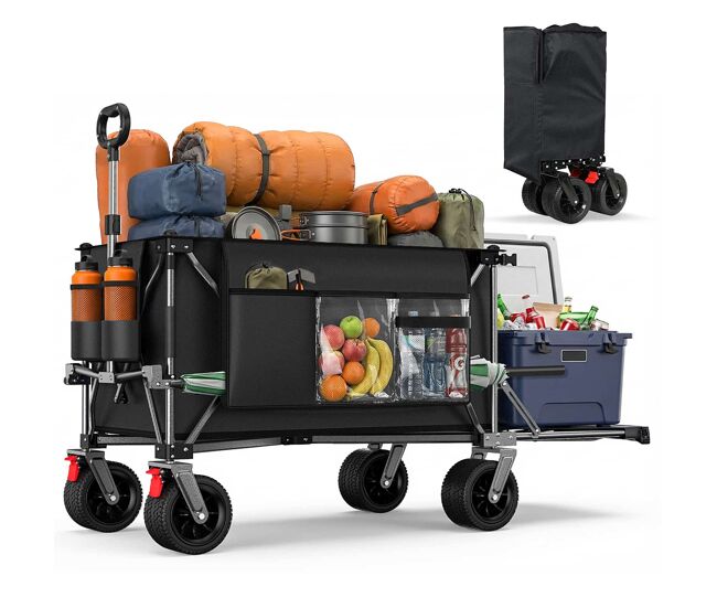 Carrinho de jardim dobrável de 140 cm e 300 l – com rodas todo-o-terreno extra largas, porta traseira rebatível, dobrável e resistente para compras, praia e uso no exterior – noir + gris
