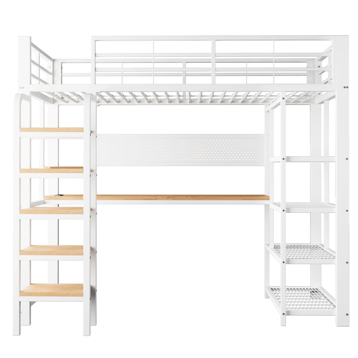 Cama alta metálica 90x200 cm - secretária com tomada cee, iluminação led multicolorida, várias prateleiras, escada vertical, pequena estante, painel