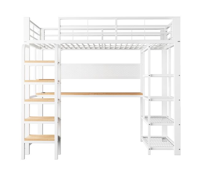 Cama alta metálica 90x200 cm - secretária com tomada cee, iluminação led multicolorida, várias prateleiras, escada vertical, pequena estante, painel