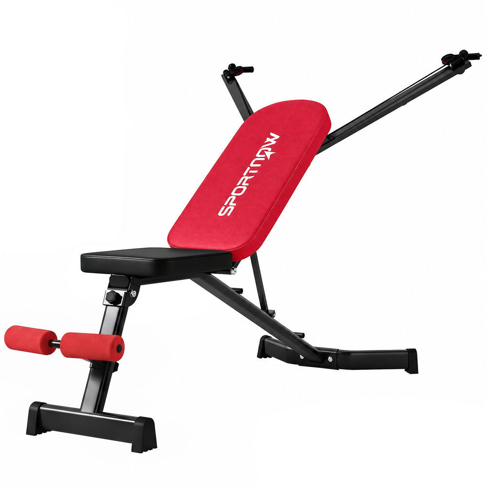Sportnow banco de musculação dobrável, encosto ajustável em 3 posições, plano/inclinado/declinado, extensão de pernas e bandas de resistência, para