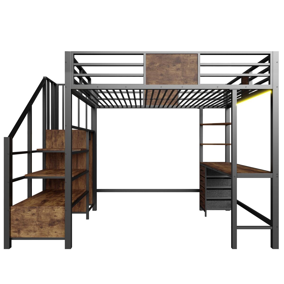 Cama alta 140x200 - com secretária, prateleiras, varão para roupa, iluminação led e tomada - preto