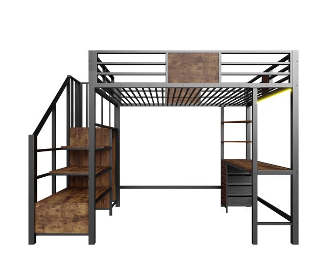 Cama alta 140x200 - com secretária, prateleiras, varão para roupa, iluminação led e tomada - preto
