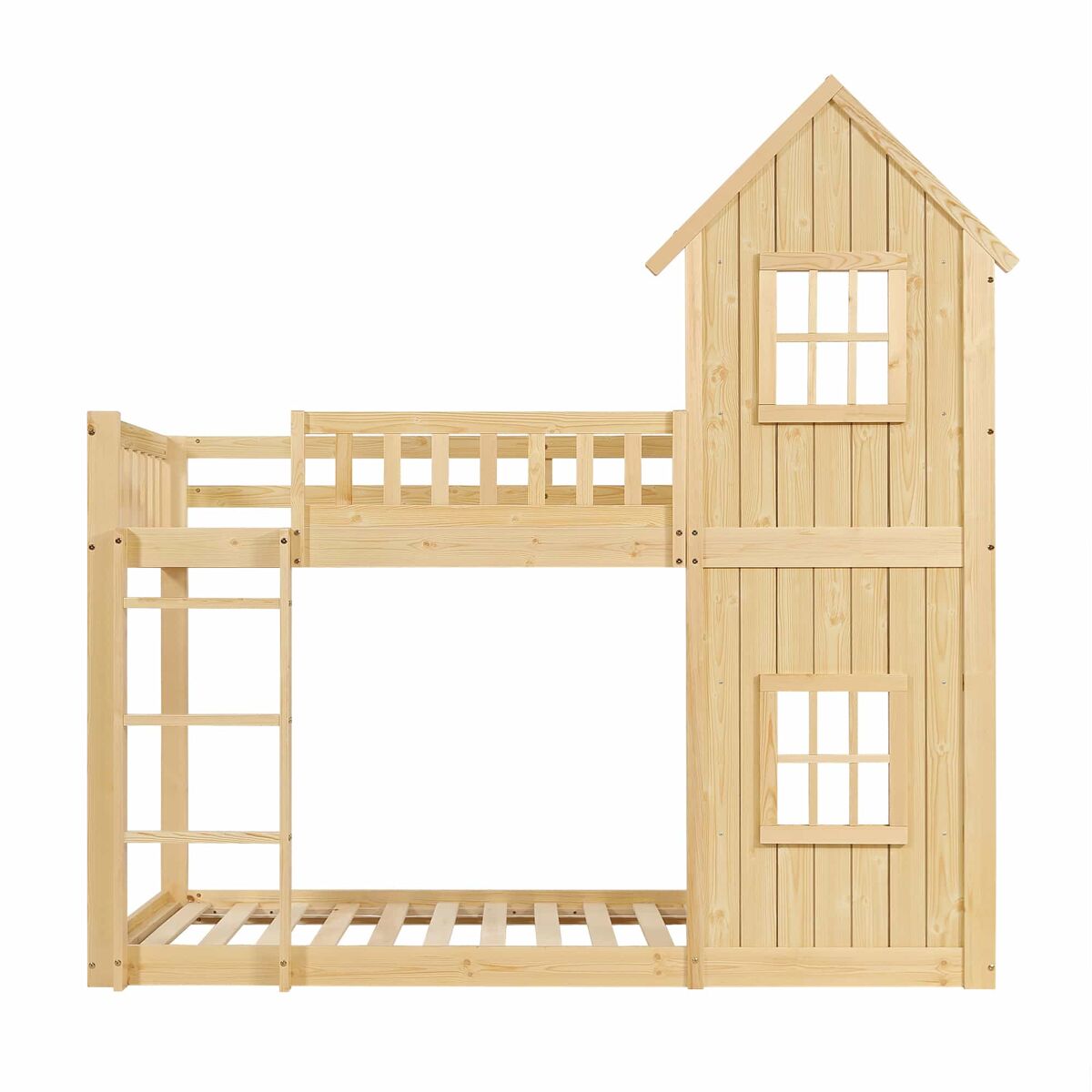 Beliche infantil 90 x 200 cm - design em forma de casinha com 2 janelas, escada de 3 degraus, grades de segurança em todo o perímetro, madeira de