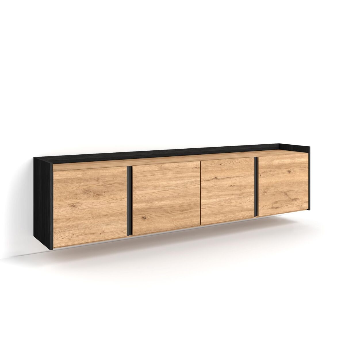 Móvel de tv, muito espaço de arrumação, 207x35x50 cm, para televisores até 80", suspensos, estilo moderno, carvalho e preto