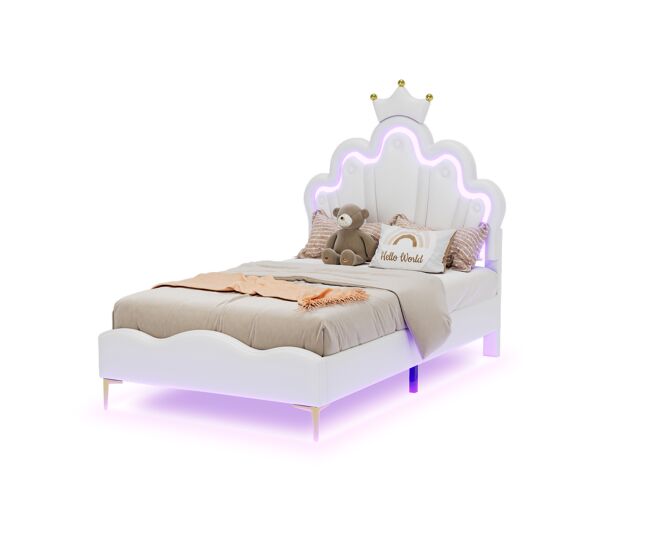 Cama princesa branca 90x190 cm estofada pele pu, cabeceira em formato de coroa