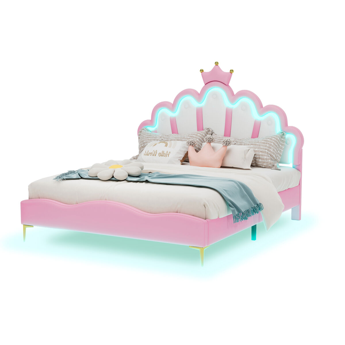 Cama princesa rosa 140x200 cm estofada pele pu, cabeceira em formato de coroa