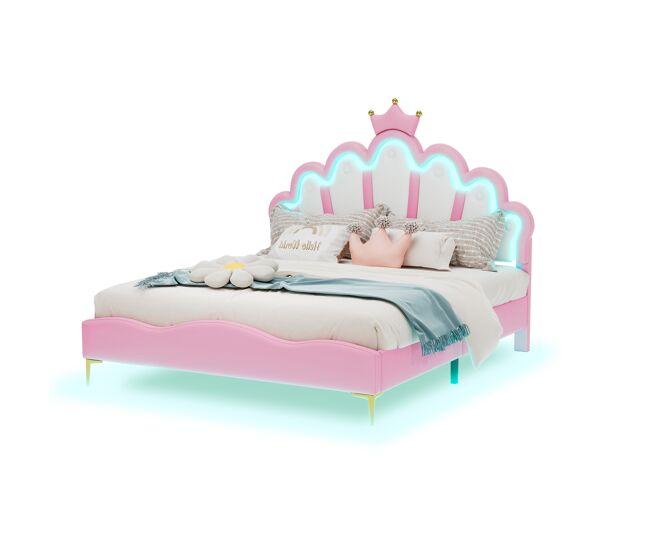 Cama princesa rosa 140x200 cm estofada pele pu, cabeceira em formato de coroa