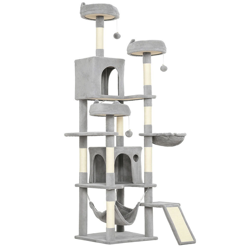 Pawhut árvore arranhadora para gatos 192 cm com 3 camas, 2 casinhas e 2 redes, cinzento-claro