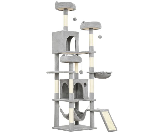 Pawhut árvore arranhadora para gatos 192 cm com 3 camas, 2 casinhas e 2 redes, cinzento-claro