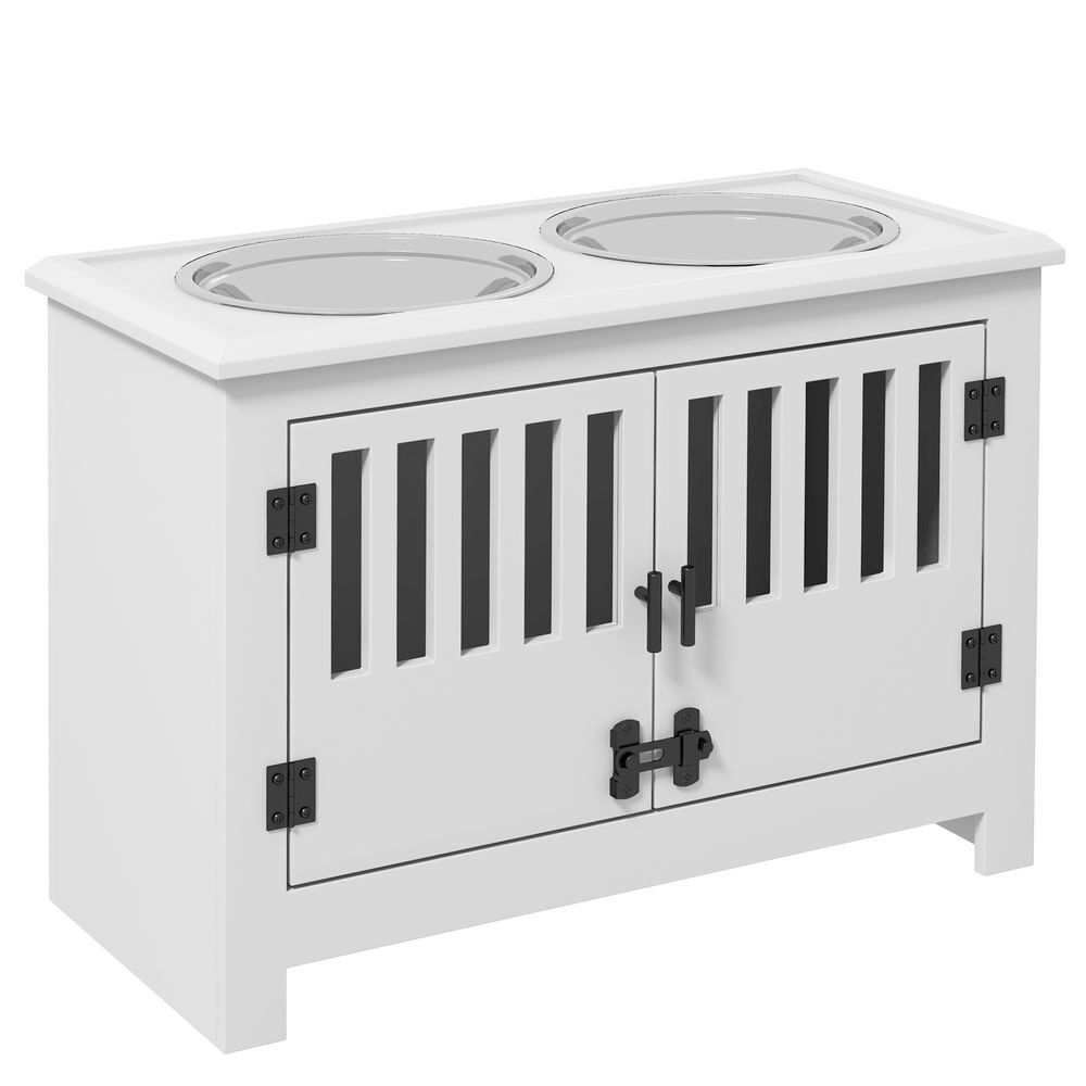 Pawhut comedouro elevado para cães com 2 tigelas em aço inoxidável 2x2 l, arrumação 37 l e 2 portas com trincos, branco